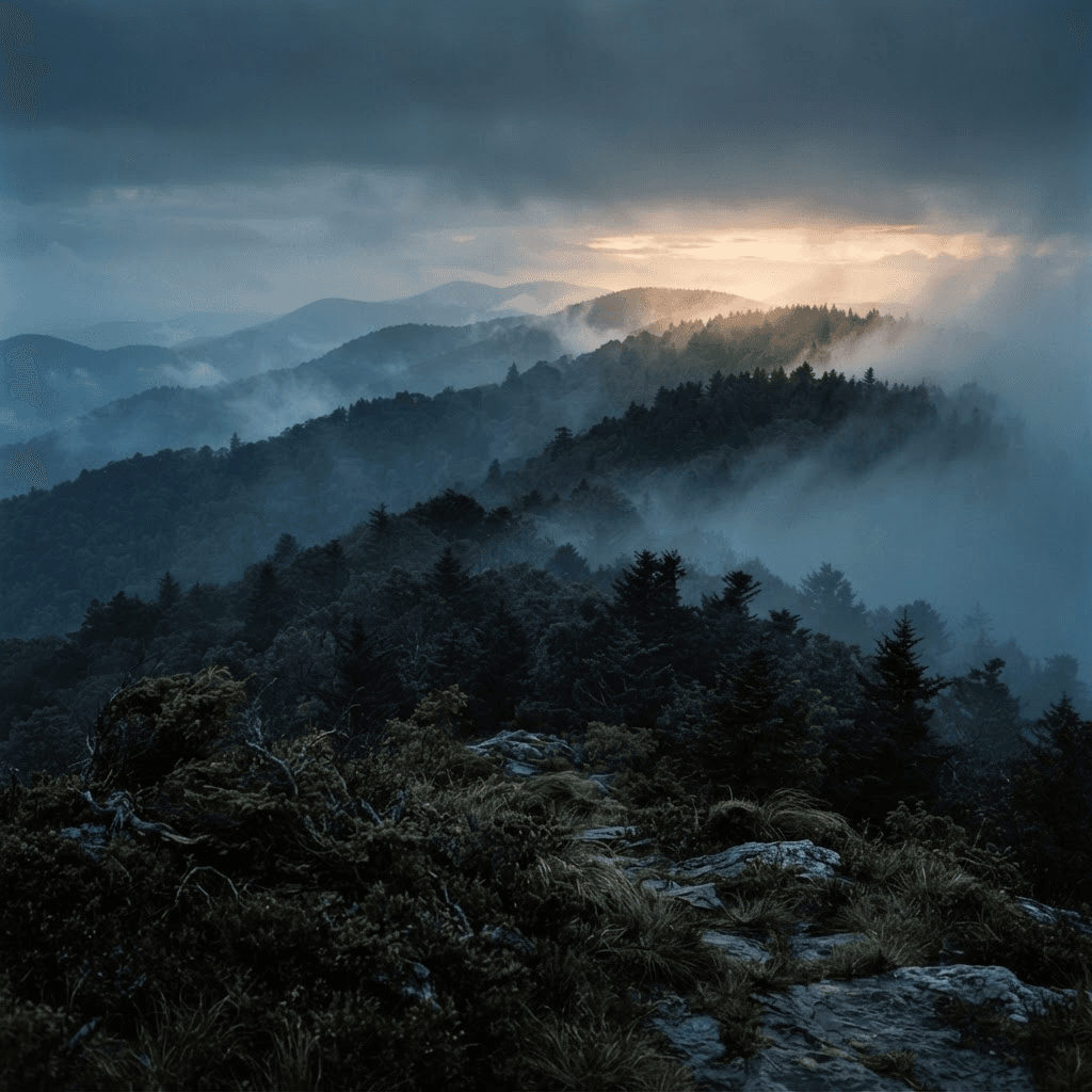 Misty layered ridgelines of the Blue Ridge Mountains at dawn