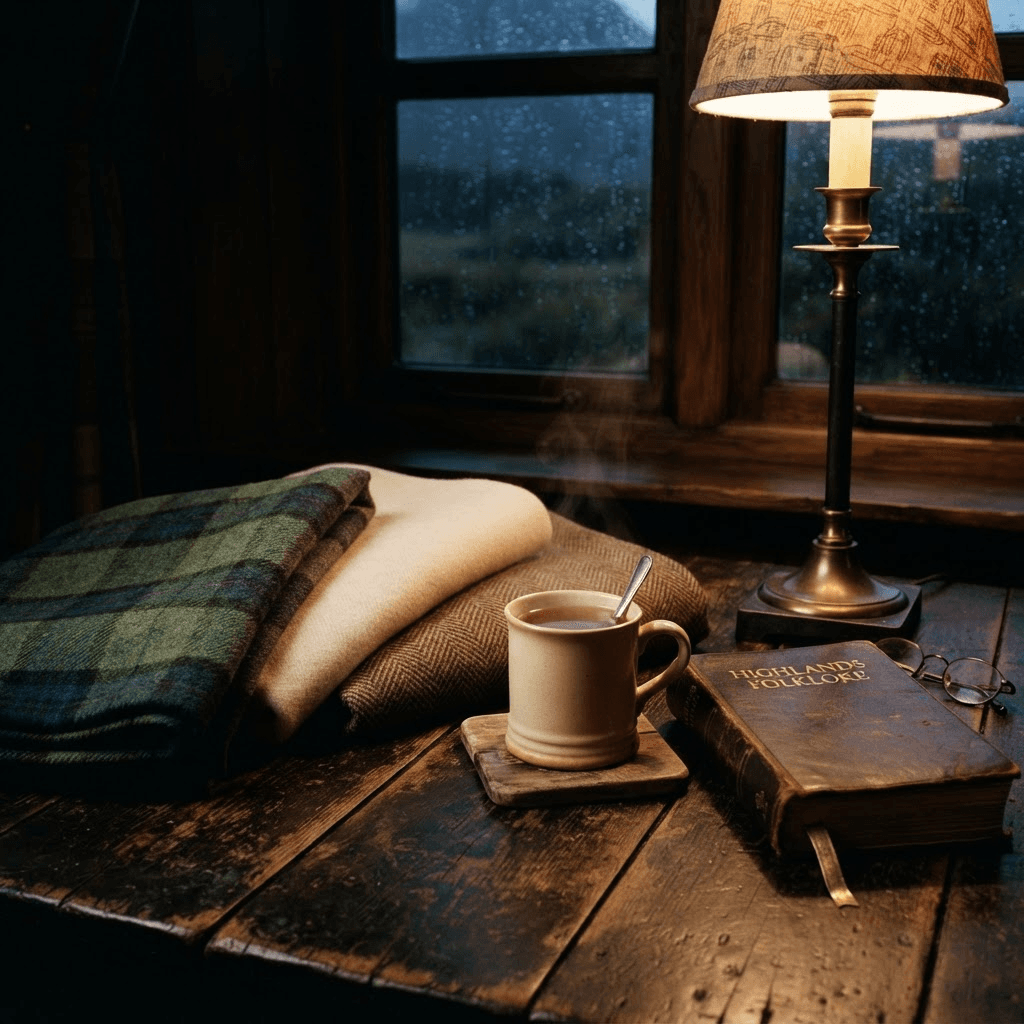 Wool tweed throws, a steaming mug of tea, and leather-bound books beside a rain-streaked window