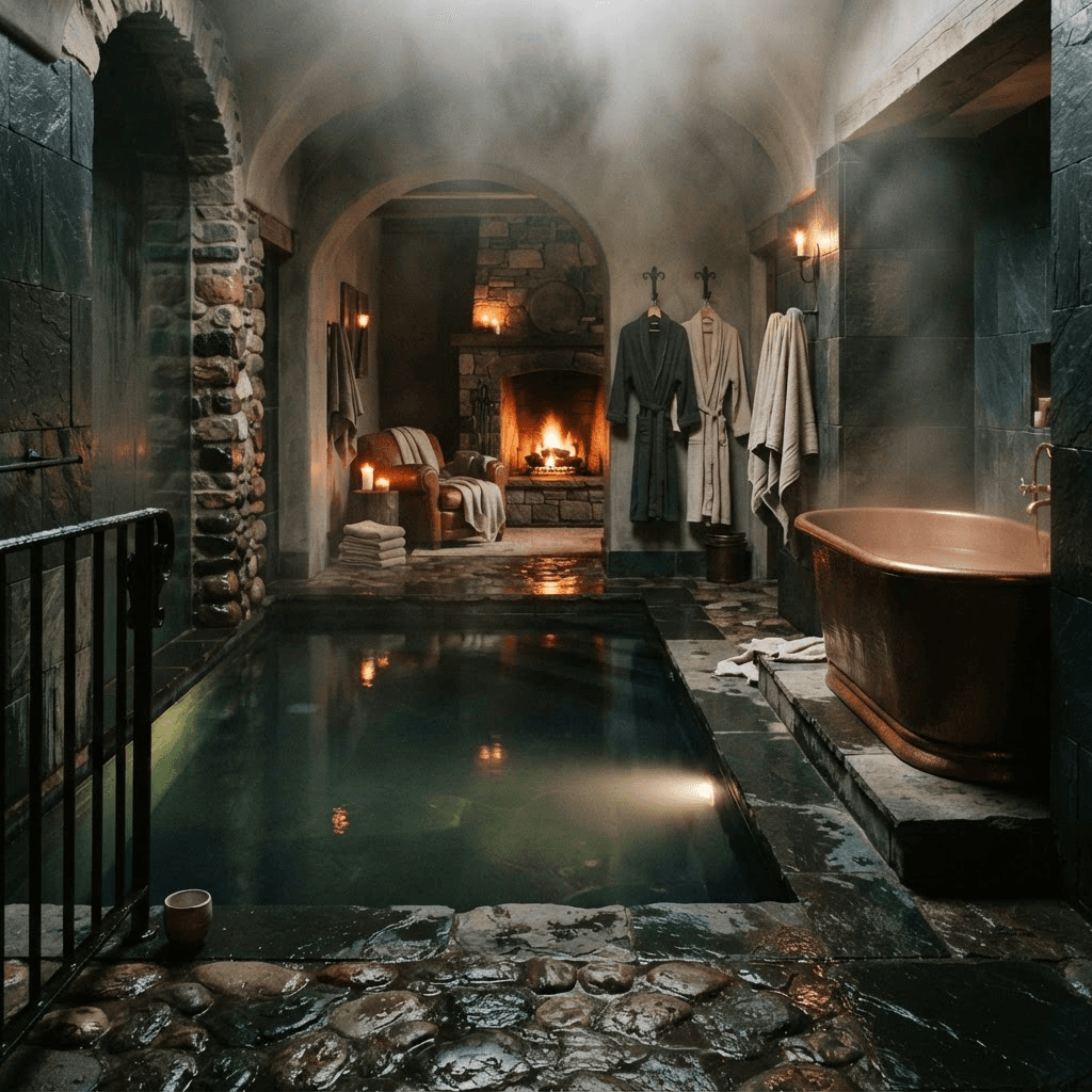 A moody thermal spa with wet stone, rising steam, a copper soaking tub, and a still plunge pool