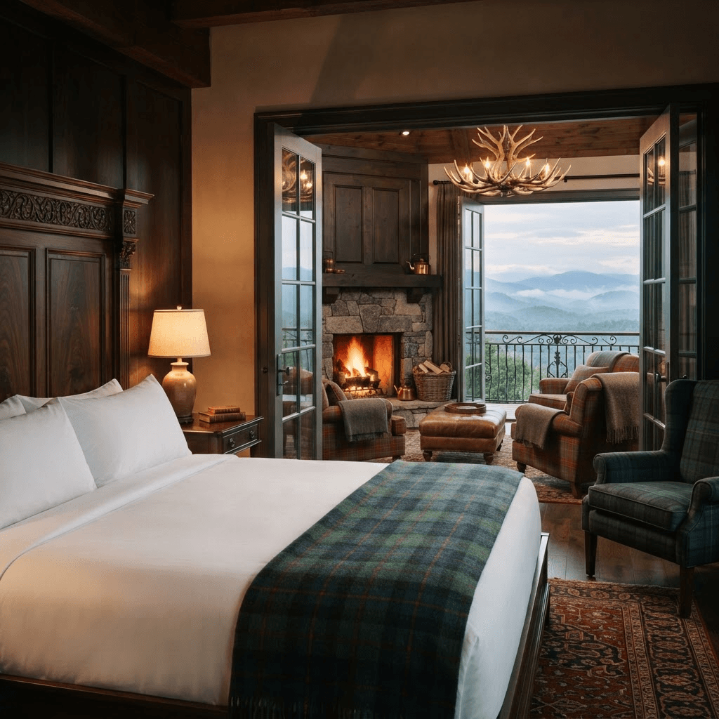 A suite with a king bed and dark wood headboard dressed in crisp white with a green tartan wool blanket, looking through French doors to a sitting room with a stone fireplace and a balcony over the Blue Ridge Mountains